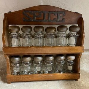 Vintage Wooden double tier Spice Rack with Glass Jars